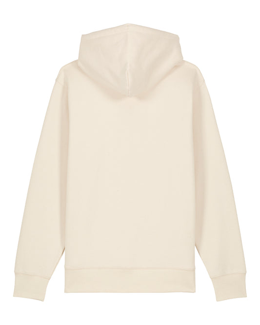 A cream-colored hooded sweatshirt shown from the back, featuring a simple back design with ribbed cuffs and hem, set against a plain white background.