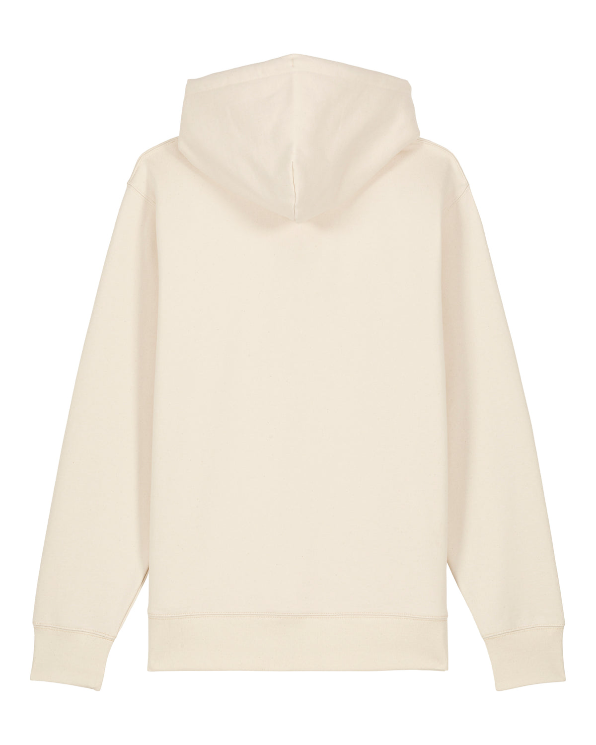 A cream-colored hooded sweatshirt shown from the back, featuring a simple back design with ribbed cuffs and hem, set against a plain white background.