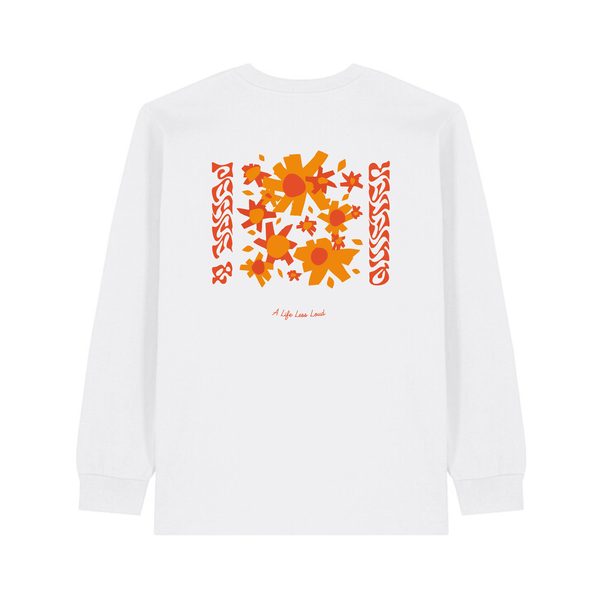 Back view of QUIETER Peace and Flowers long sleeve in slow light white on white background