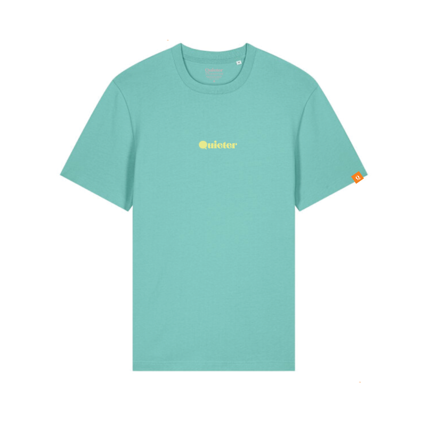 Teal t-shirt with a logo on a white background