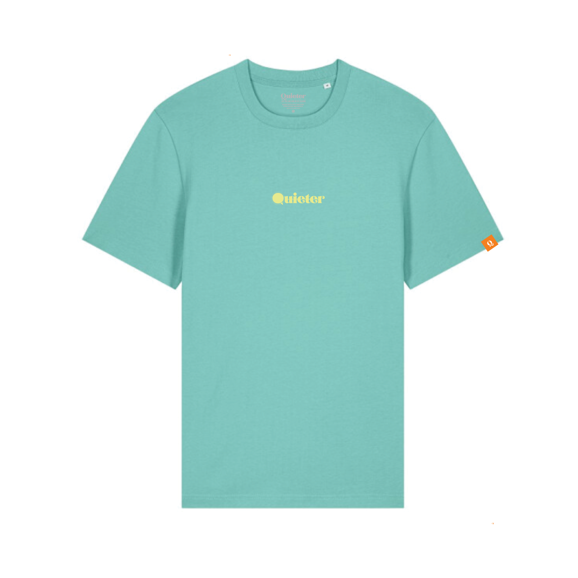Teal t-shirt with a logo on a white background