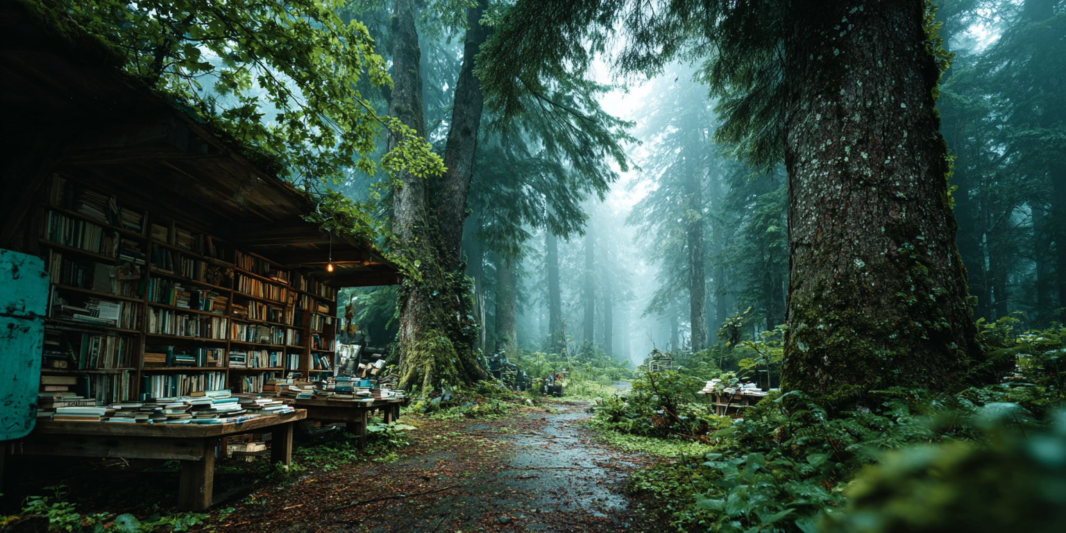 Wooden cabin in a forest with bookshelves and a path leading deeper into the woods.