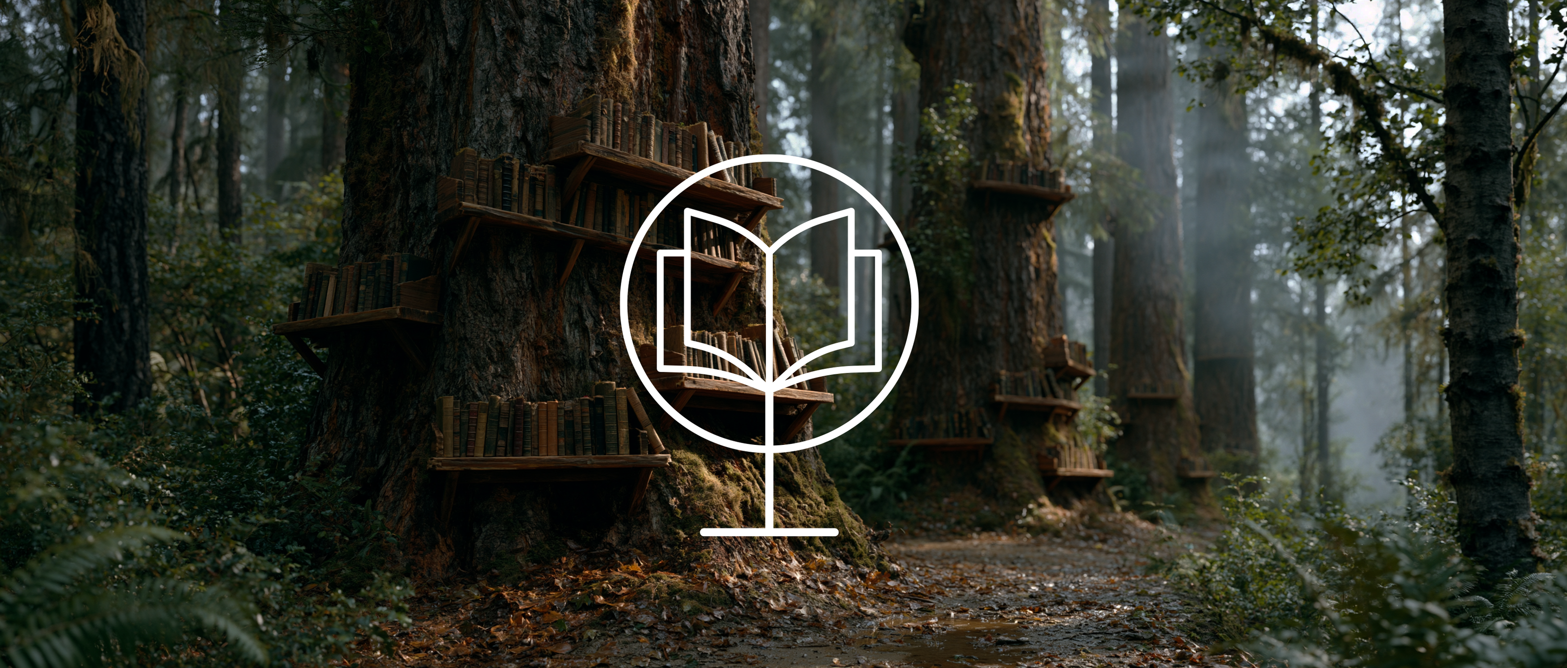 Logo superimposed on a forest scene with trees and foliage.