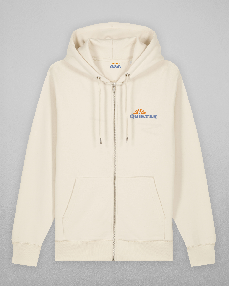 An off-white zip-up hoodie with a drawstring hood and front pockets, featuring a small 'QUIETER' logo on the left chest, displayed against a neutral gray background.