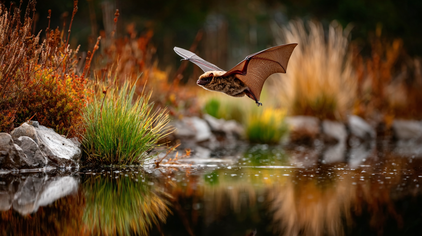 Bat flying over a pond with grass and rocks in the background