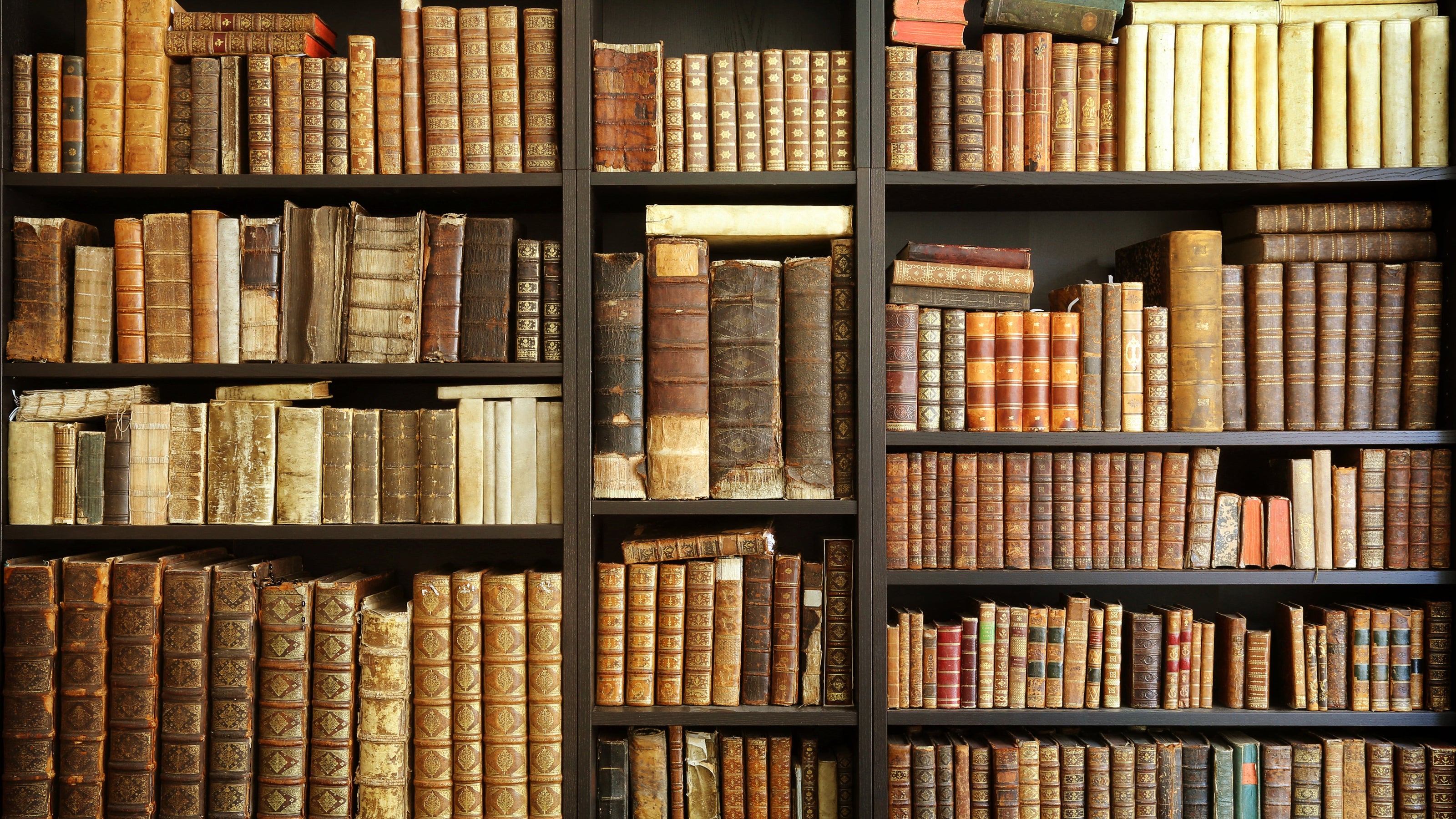 Bookshelf filled with old, yellowed books on dark shelves